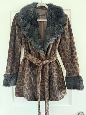 INC International Concepts Leopard Print Pea Coat with Black Faux Fur Trim